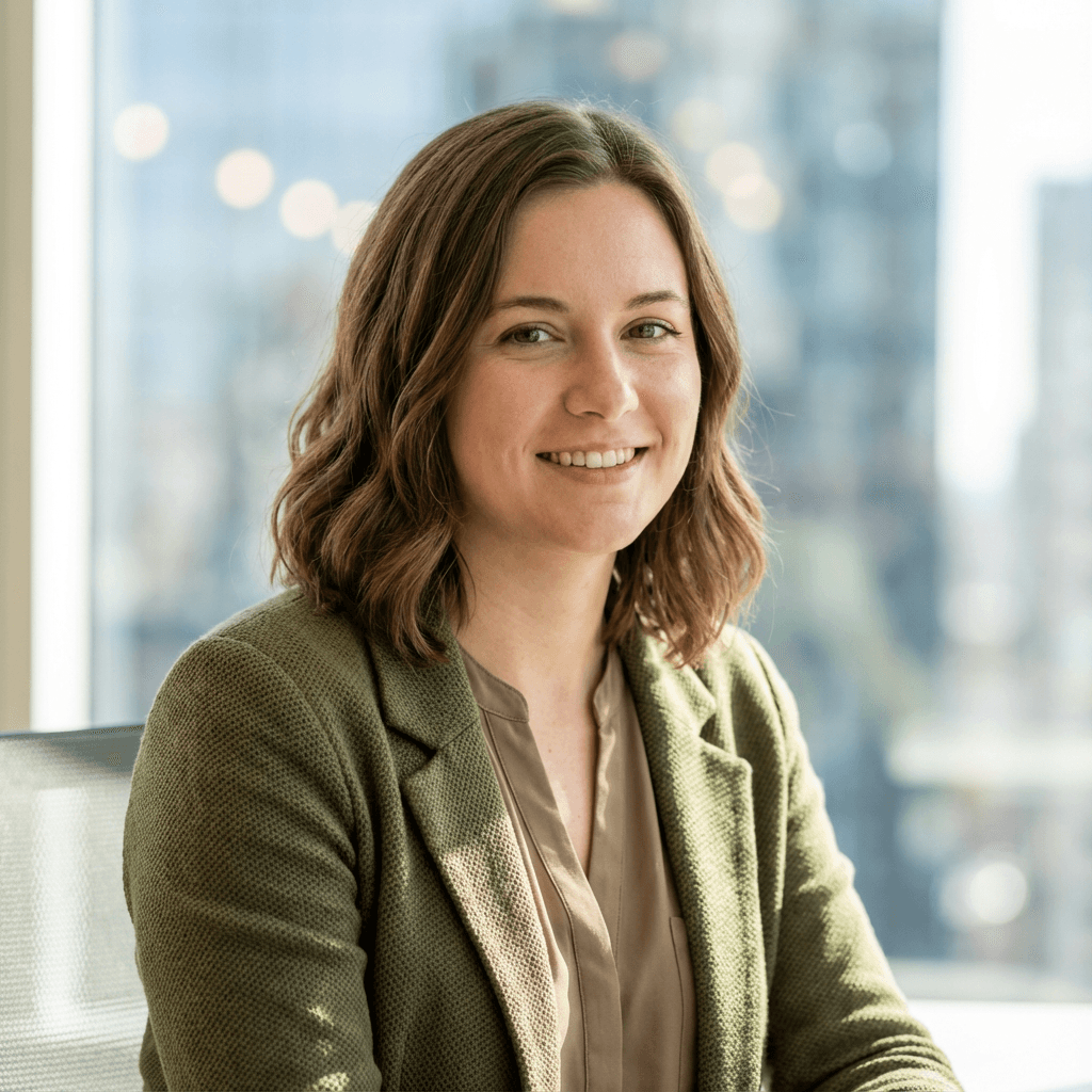 Jenna H. in a business casual blazer in a bright office lobby