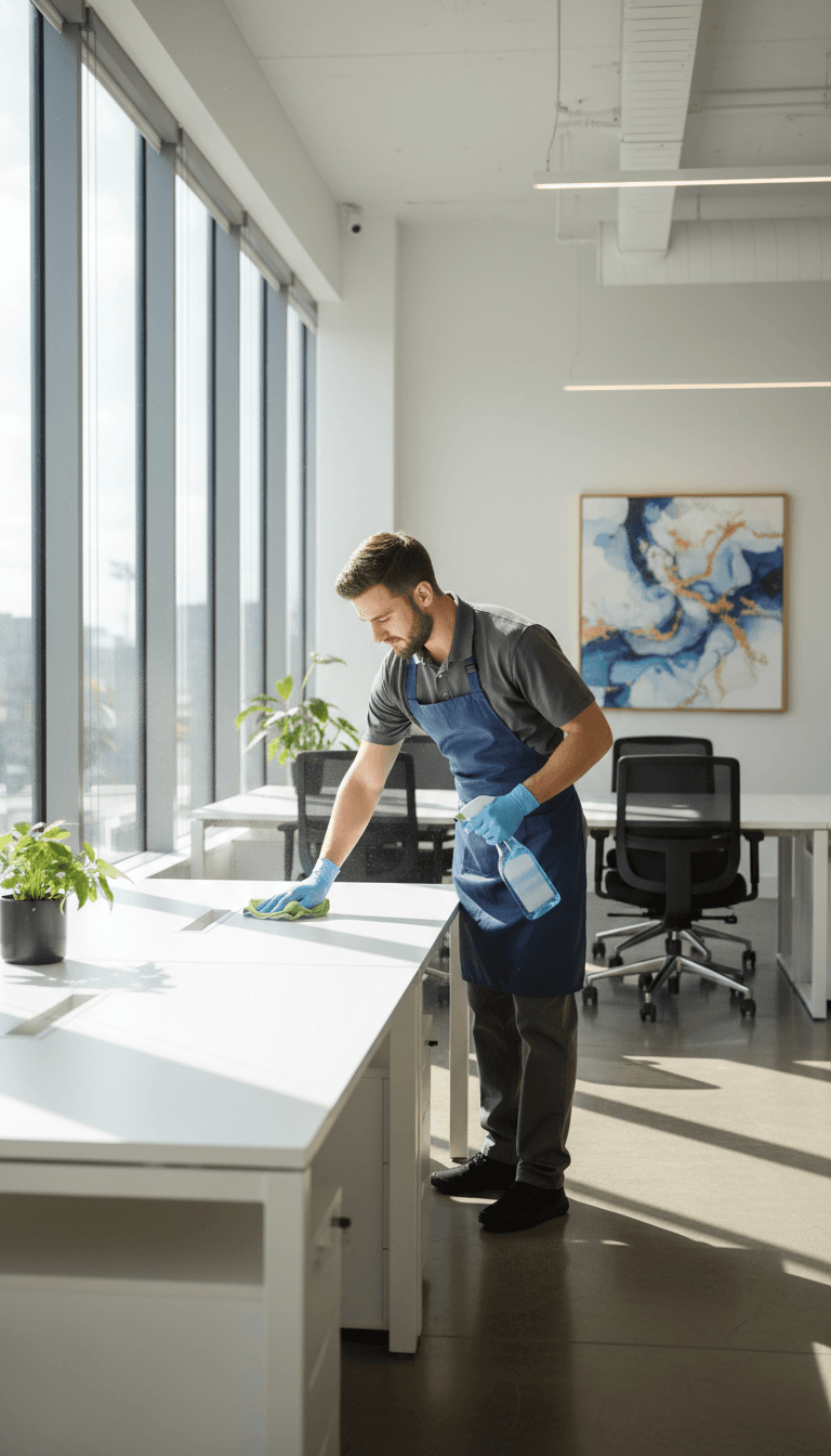 Professional cleaner wiping an office desk in a bright commercial space