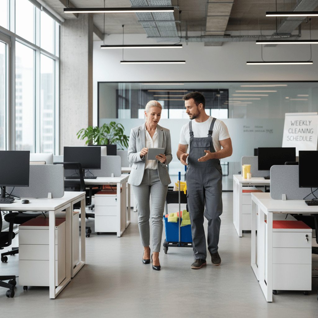 Property manager and cleaner walking through an office discussing the work