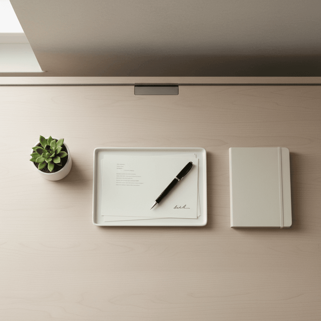 Simple paperwork and pen on a clean desk, no fine print