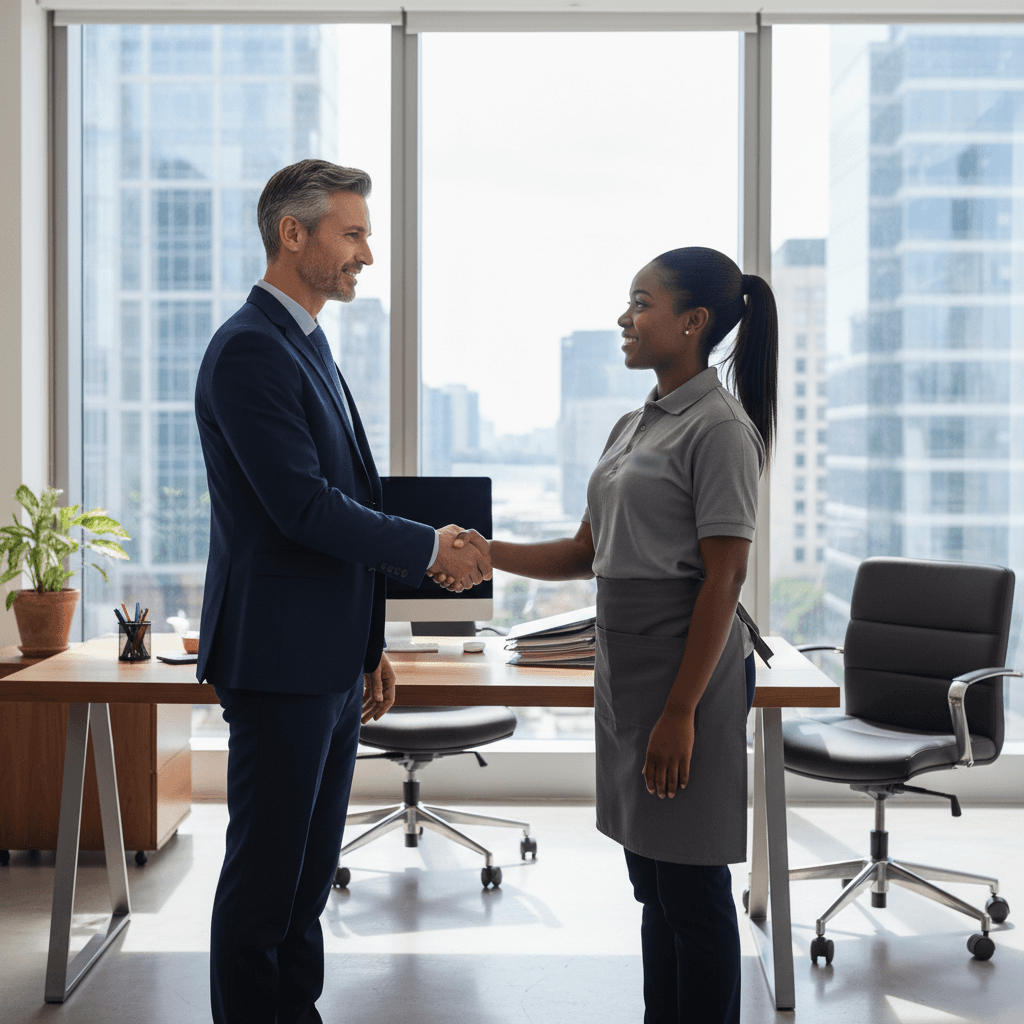 Handshake between a business owner and a cleaning service professional in an office