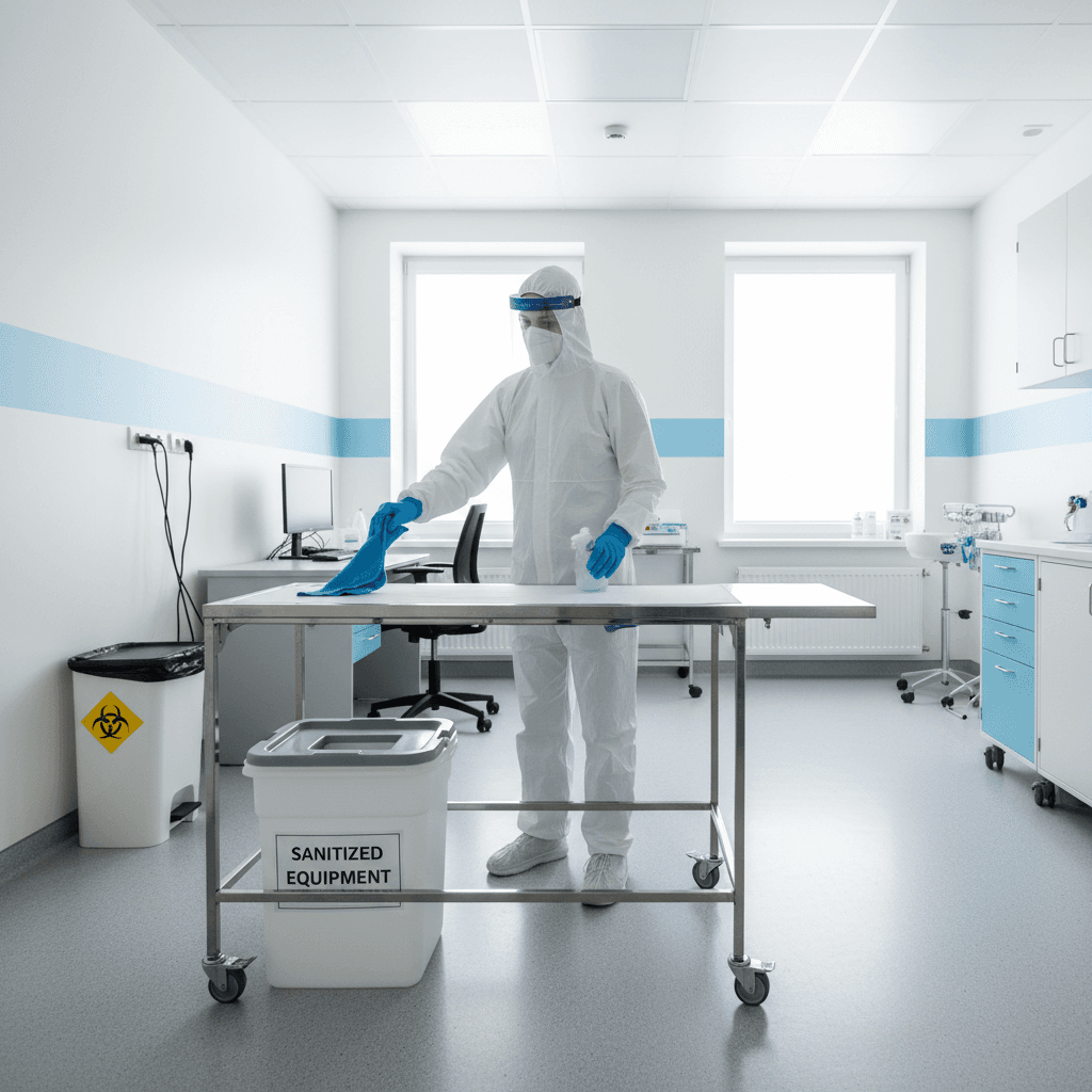 Cleaner sanitizing surfaces in a bright medical examination room