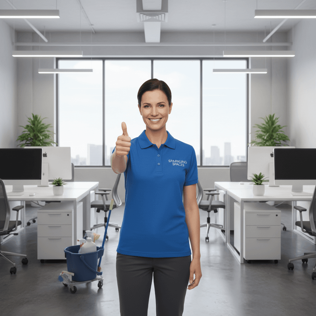 Confident professional cleaner giving a thumbs up in a clean modern office
