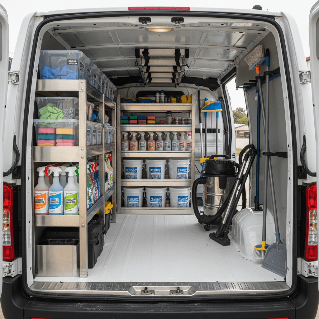 Cleaning supplies organized in a van ready for service