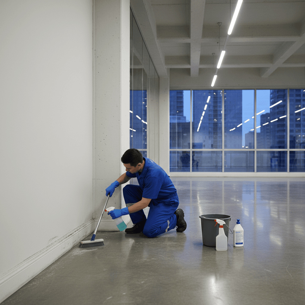 Person cleaning baseboards and corners in a commercial building