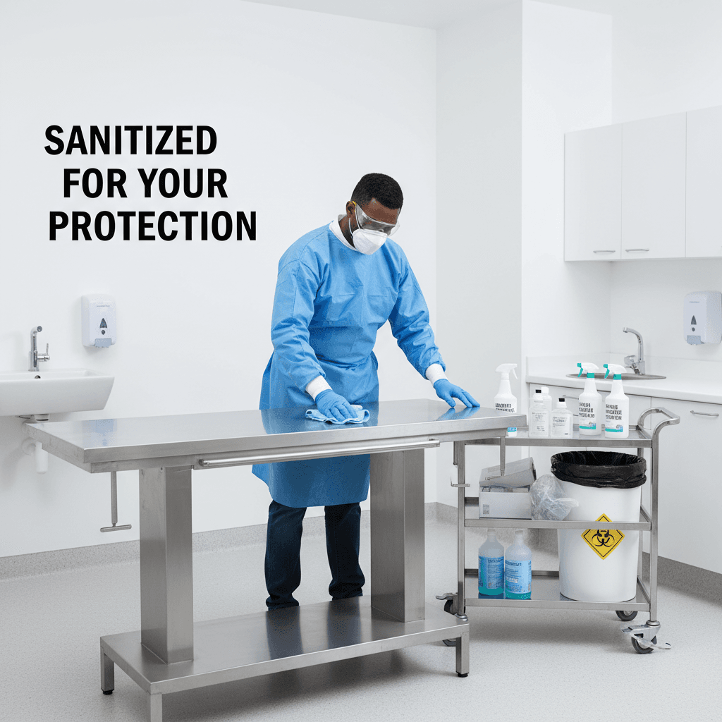 Person wiping surfaces in a clean medical exam room
