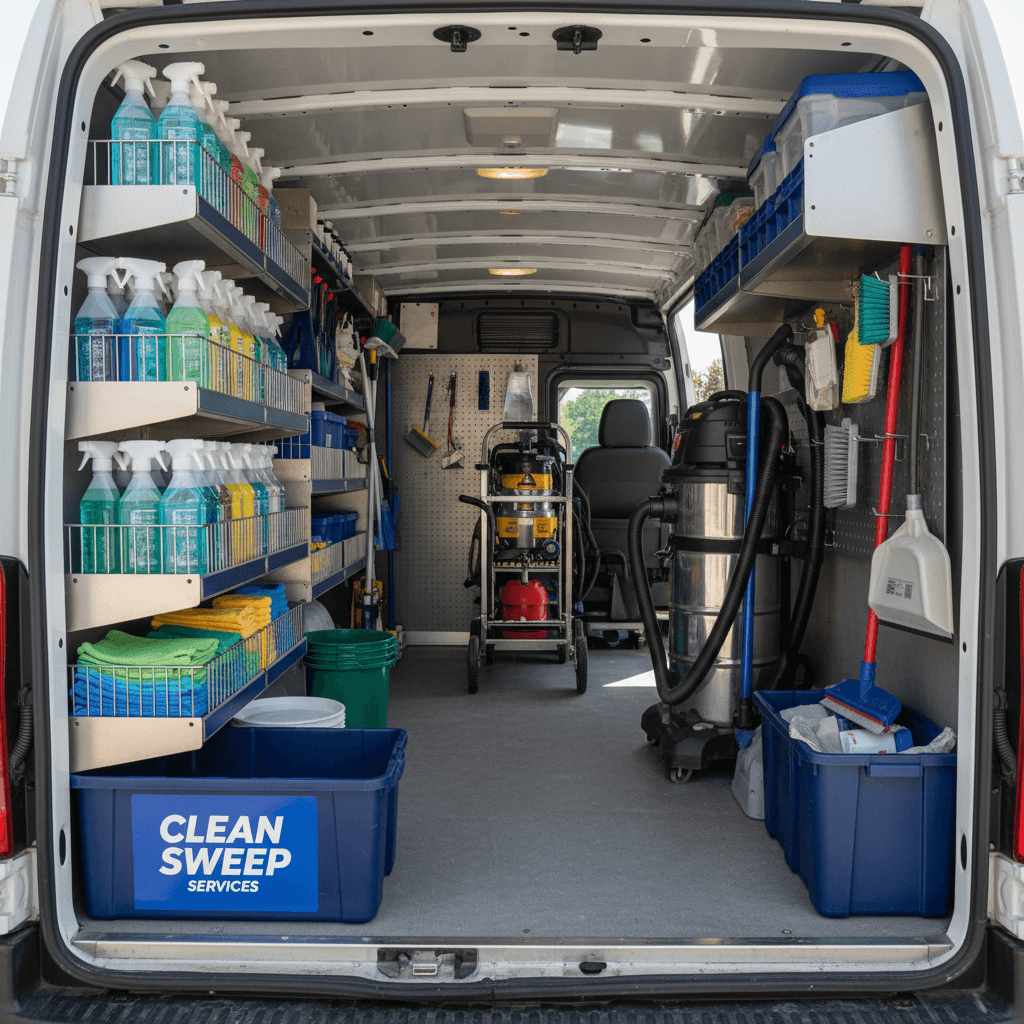 Neatly organized cleaning supplies in a commercial van