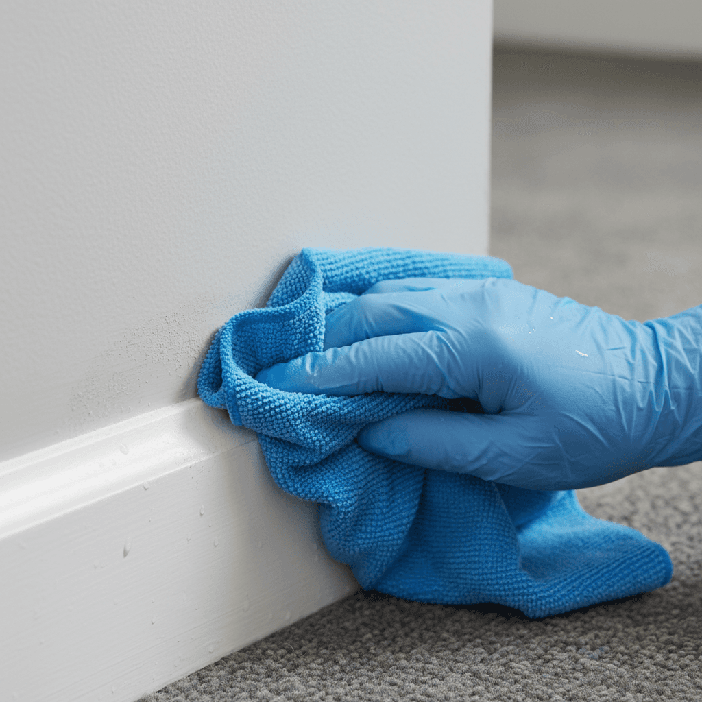 Hand wiping baseboard with a microfiber cloth