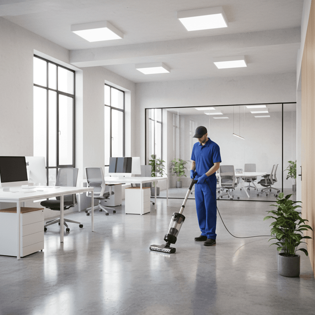 Person vacuuming carpet in a bright modern office space