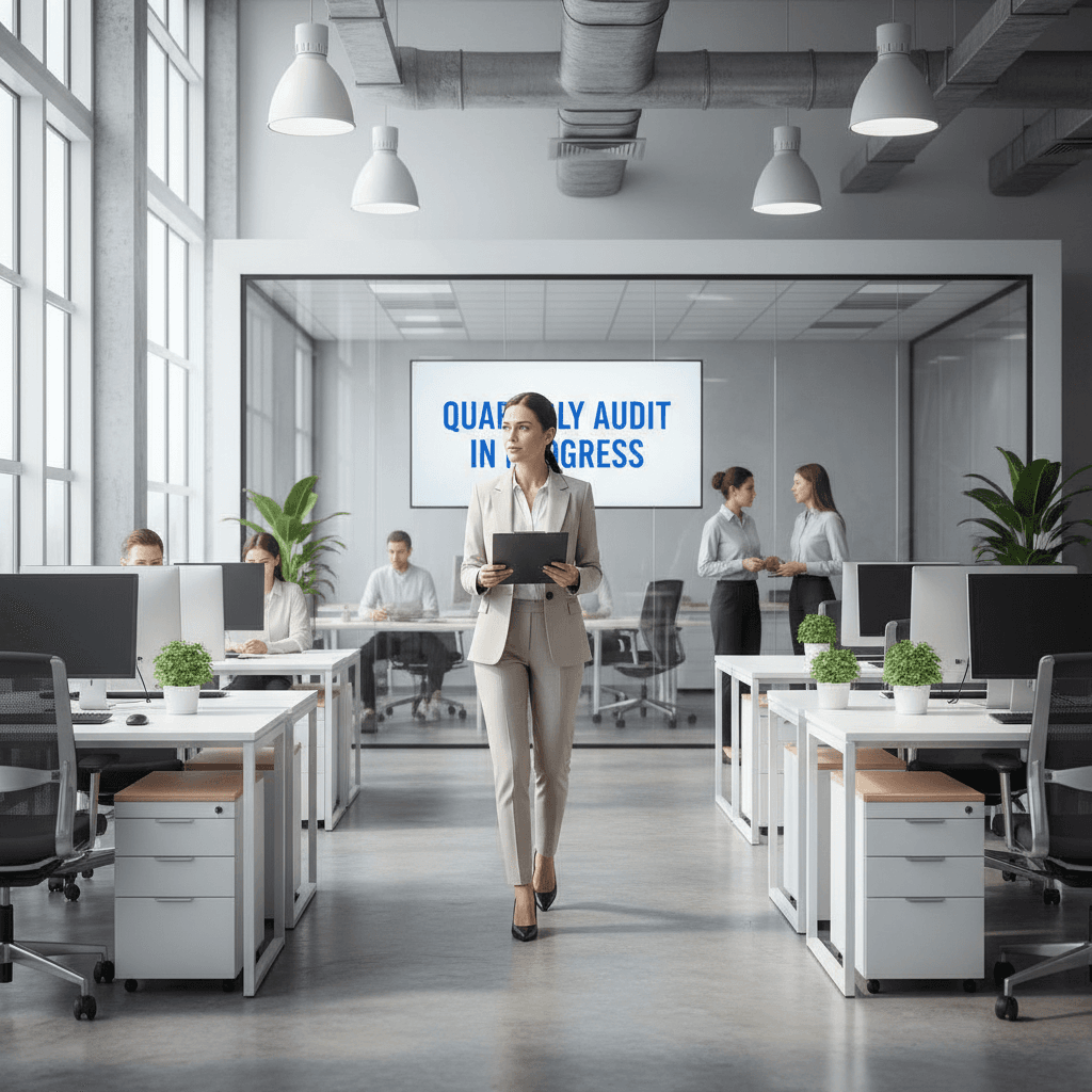 Business owner walking through a bright office space with a clipboard
