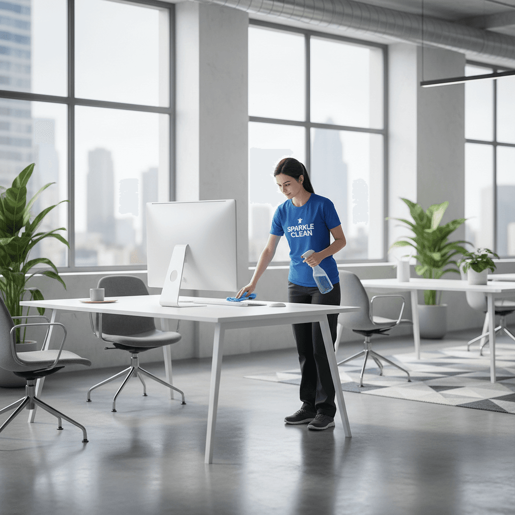 Professional cleaner wiping an office desk in a bright workspace