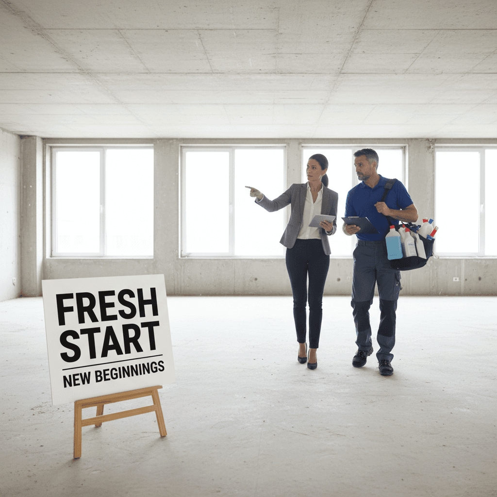 Two people walking through an empty office reviewing cleaning needs