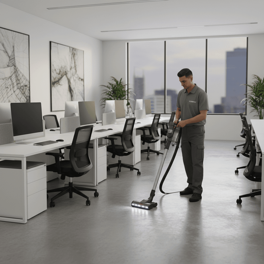 Cleaner vacuuming an open office with desks and natural light
