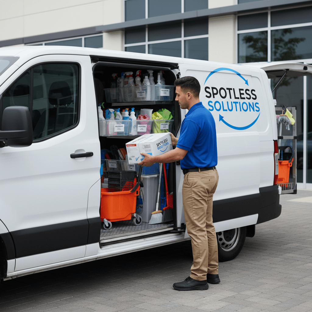 Person loading cleaning supplies into a well-organized van
