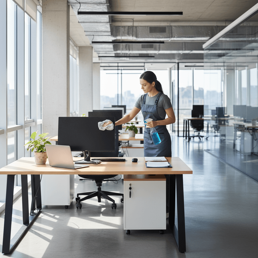 Cleaner in commercial office dusting a desk with a microfiber cloth