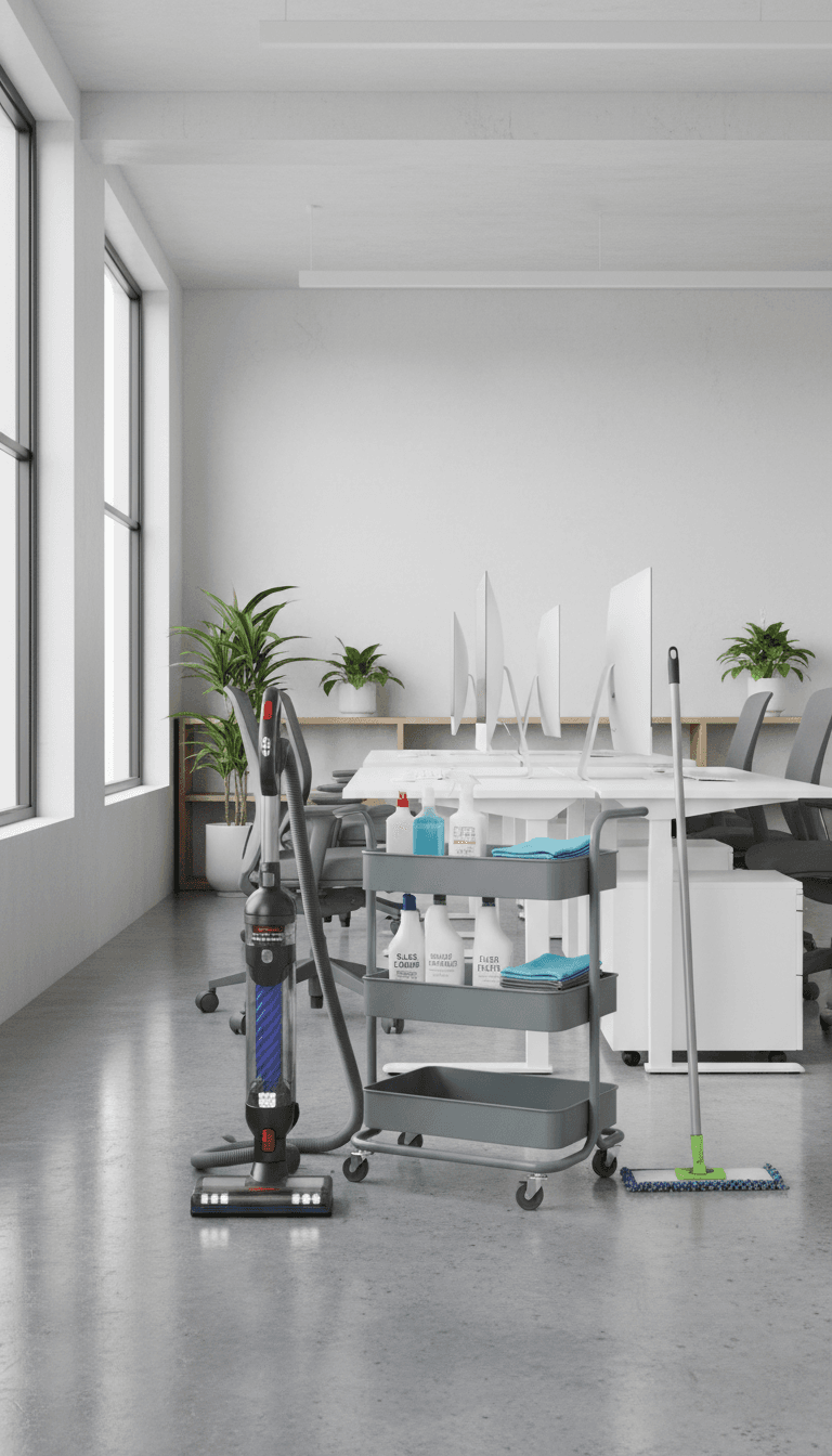 Professional cleaning equipment in a bright Meridian office space