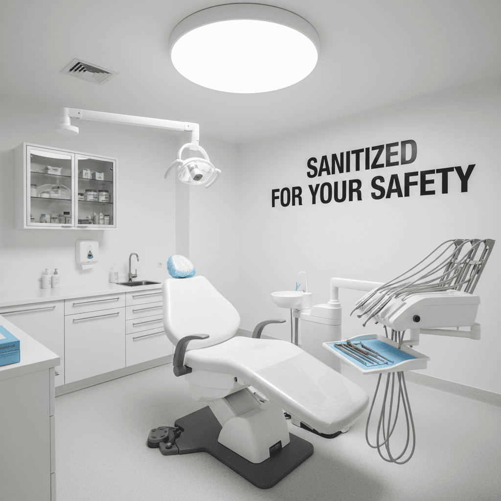 Clean dental office exam room with sanitized surfaces and equipment