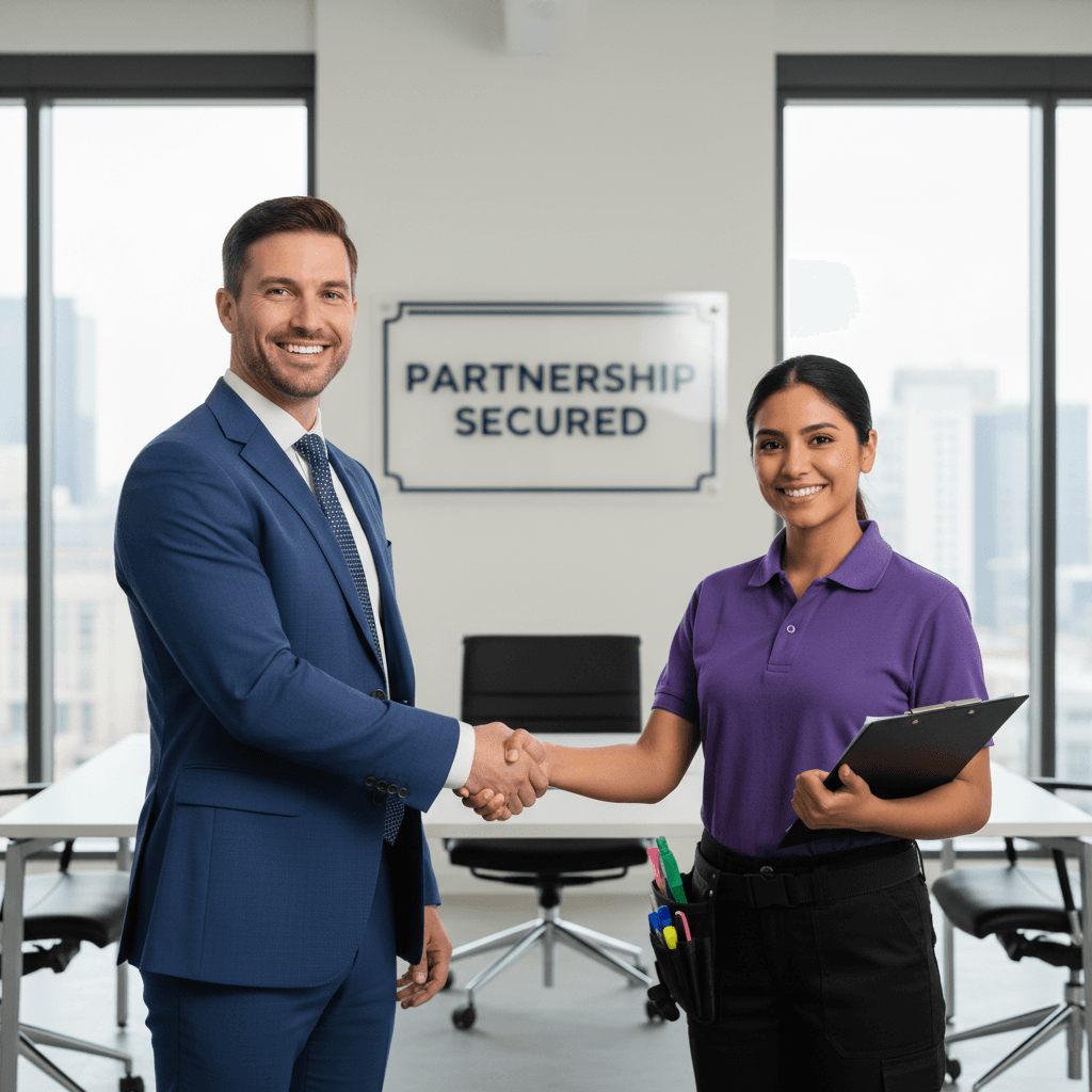 Business owner shaking hands with a cleaner in an office