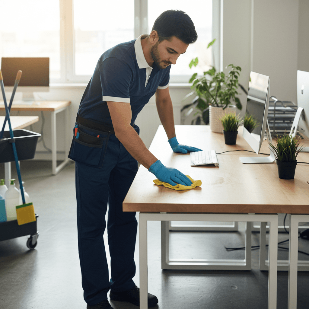 Professional commercial cleaner wiping an office desk with a microfiber cloth