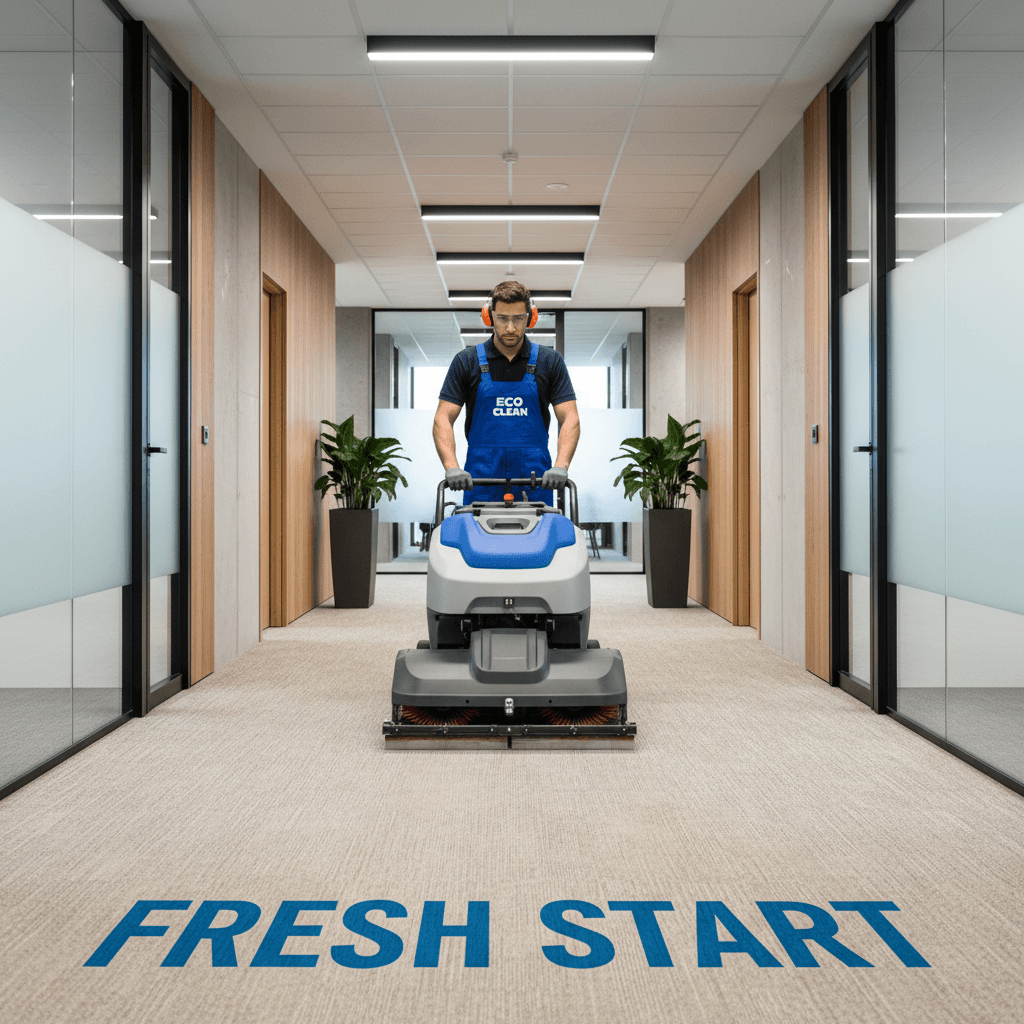Carpet cleaning machine in a commercial office hallway