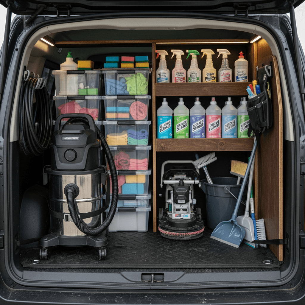 Labeled cleaning supplies and equipment neatly organized in a van
