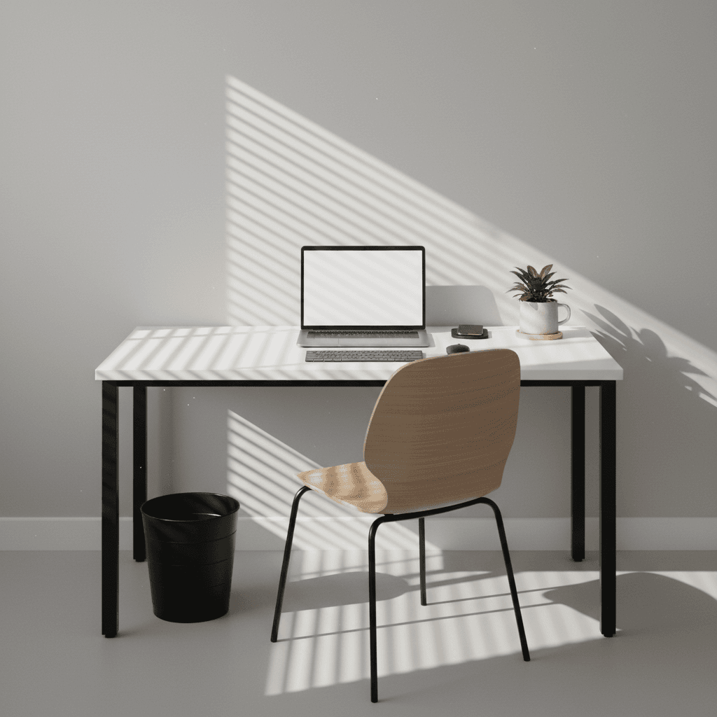 Empty desk with a clean surface and a trash can that has a fresh liner