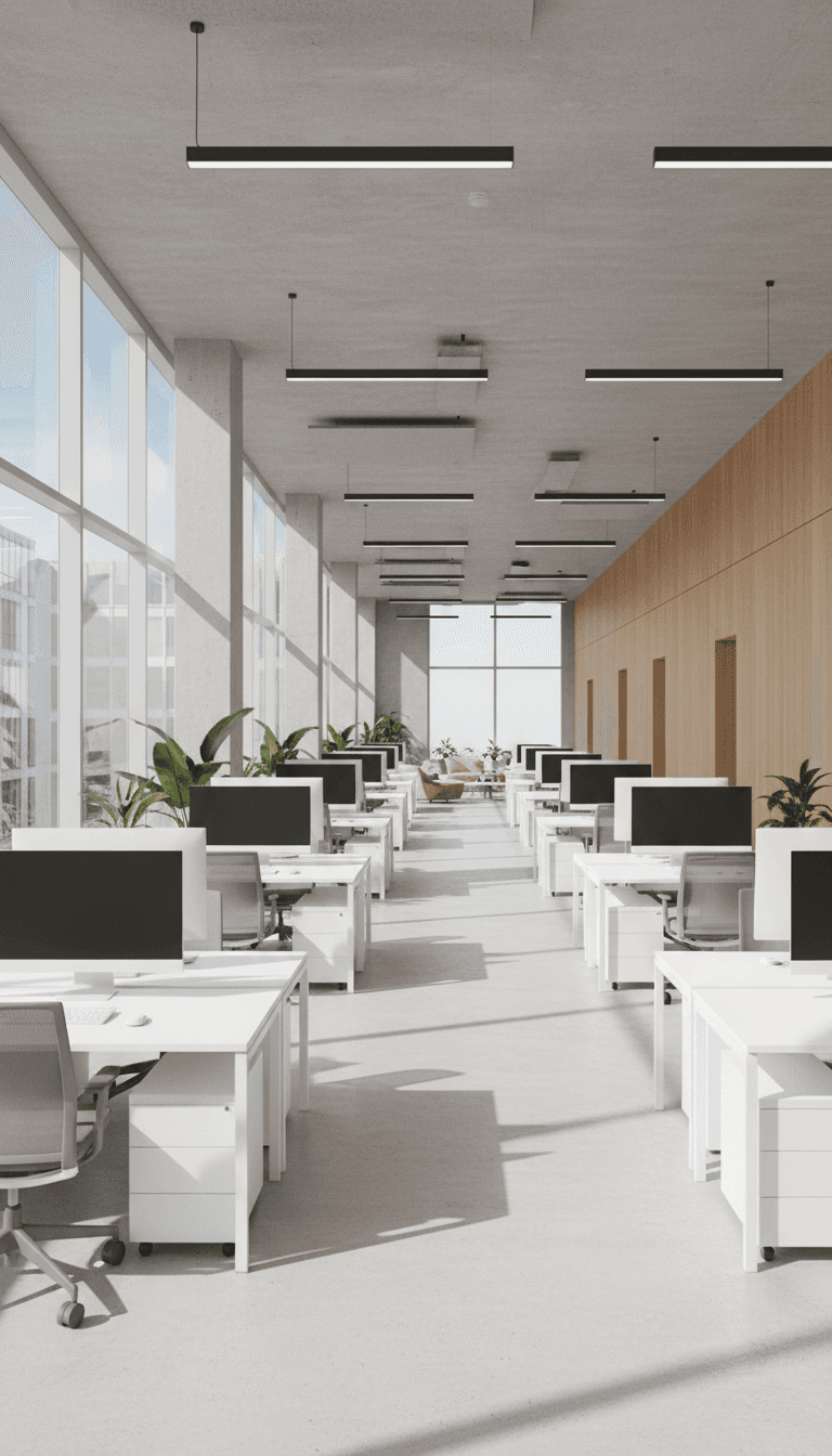 Clean modern office interior with desks and natural light