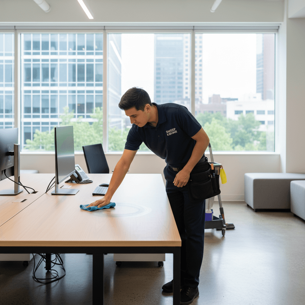 Person wiping a clean office desk with a cloth