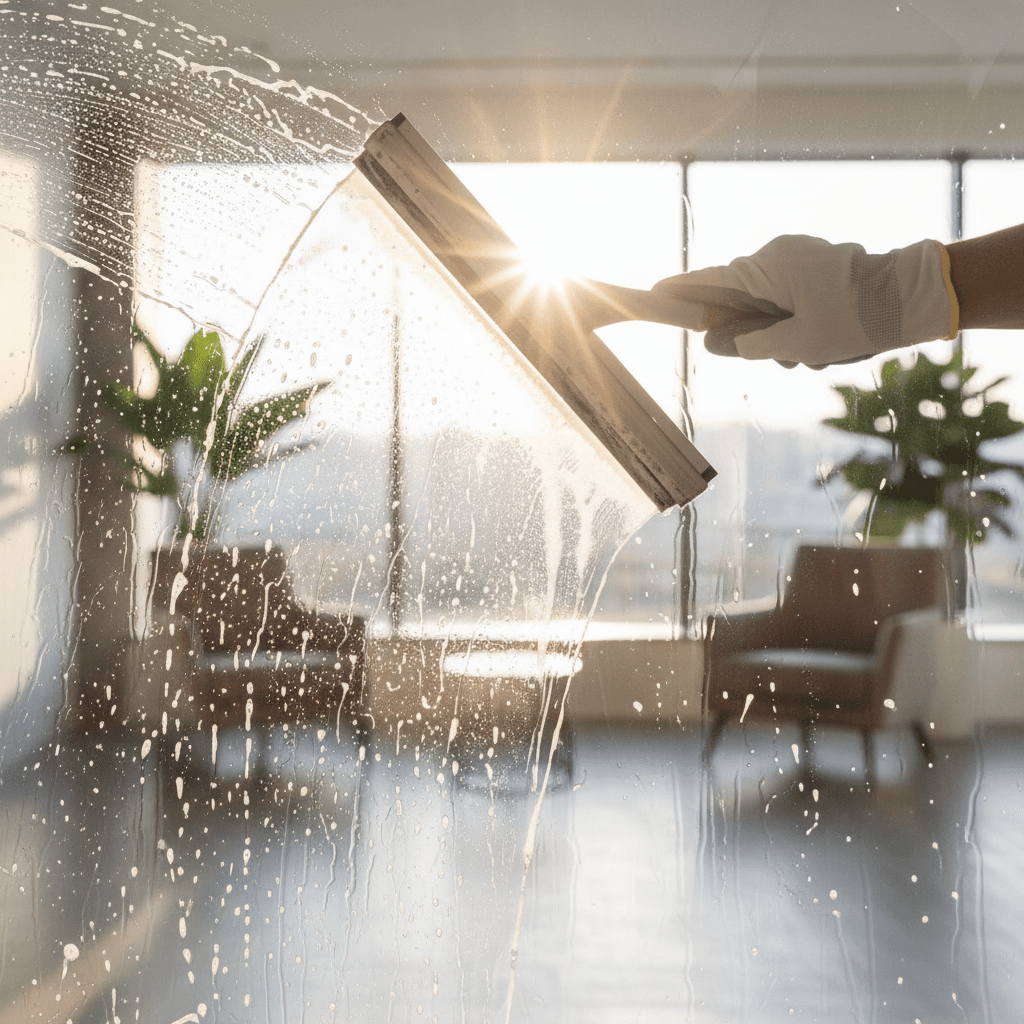 Squeegee cleaning a commercial storefront window