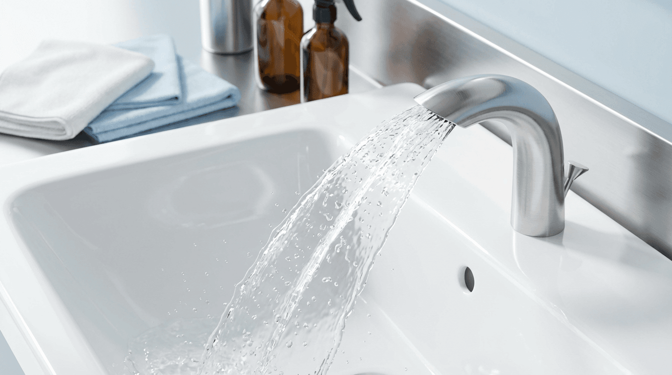 Disinfected commercial restroom sink with clean mirror