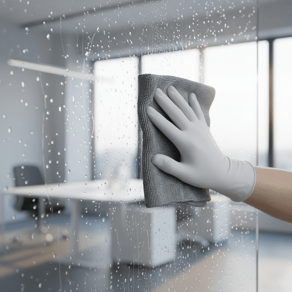 Cleaning professional wiping a glass storefront door in the morning light