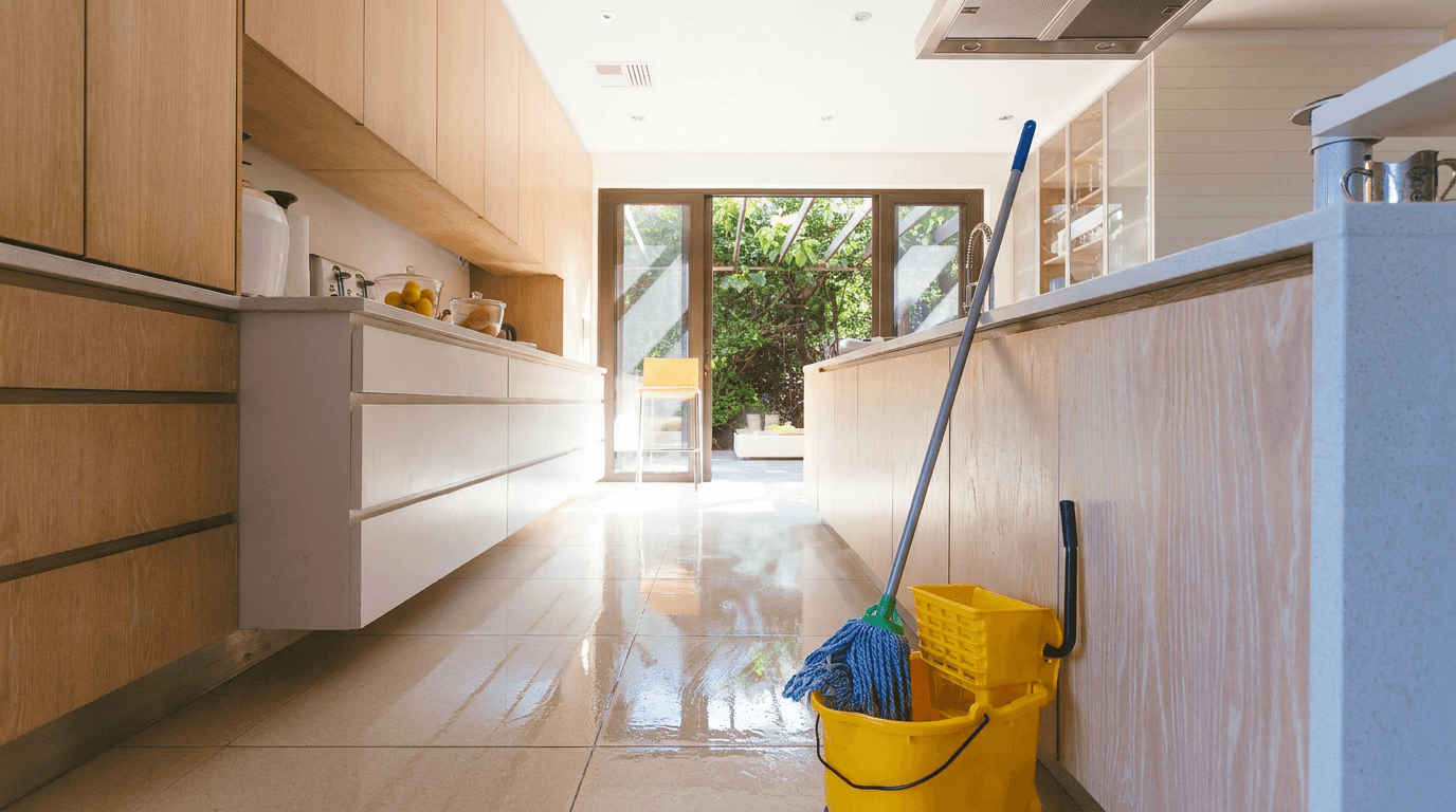 A bright, modern kitchen with light wood cabinets and a shiny, wet tiled floor, with a mop and yellow bucket prominently placed in the foreground, suggesting recent cleaning.